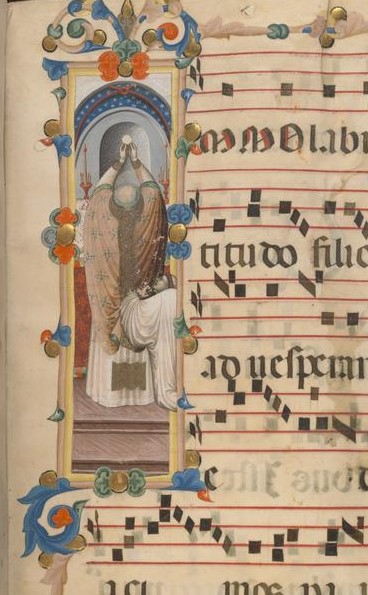 Image shows a manuscript illumination 4 rows in height, depicting the consecration of the host. A priest in vestments holds up the host with multiple arches above him. The image is symmetrical except for an attendant on the bottom right shown kneeling and holding up part of the priest's vestment.