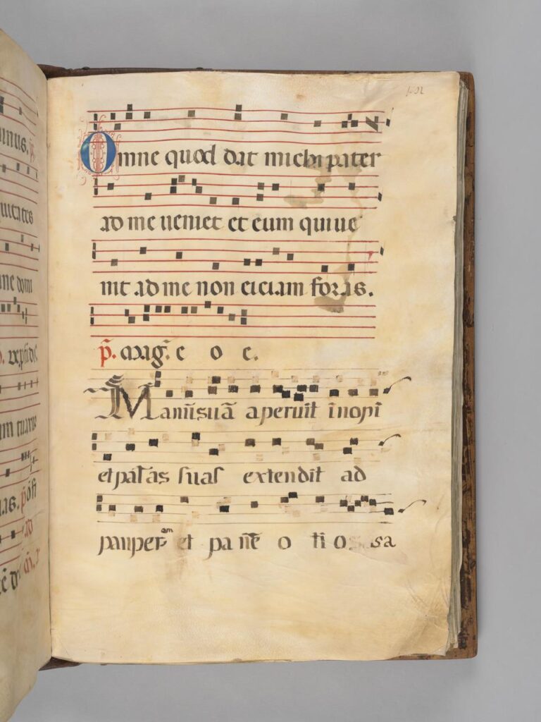 Image shows a manuscript page containing the end of one chant in a hand original to the manuscript and one chant beginning 'Manum suam...' added in a later hand, though imitating the style of the manuscript.